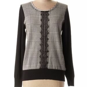 Passioni Women's Black/White Long Sleeve Crew Neck Houndstooth Jeweled Sweater